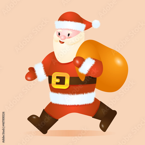 Vector Santa Claus t carries a bag of gifts. Cartoon sticker with Santa and a bag of gifts. Santa is carrying gifts.