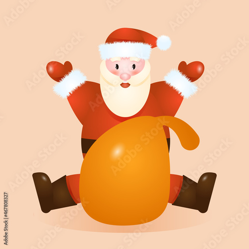 Vector Santa Claus with a bag of gifts. Cartoon Santa with a bag of gifts. Vector design element, Christmas sticker.