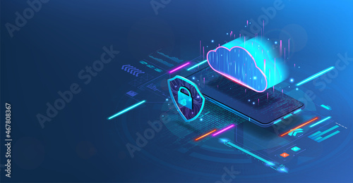 Cloud technology via mobile phone or smartphone. Cybersecurity in the management of online storage, remote center with data or IOT technologies and smart home. Cloud storage with protection. Vector
