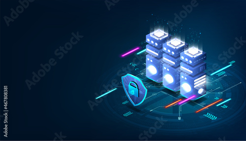 Cyber security concept, databases, big data, internet server, cloud storage and virtual networks. Isometric server room under the protection. The server room is protected by an antivirus cheat. Vector