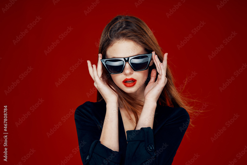 glamorous woman wearing sunglasses red lips posing close-up glamorous woman wearing sunglasses red lips posing close-up