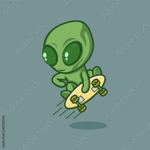 cute cartoon alien character playing skateboard. vector illustration for mascot logo or sticker