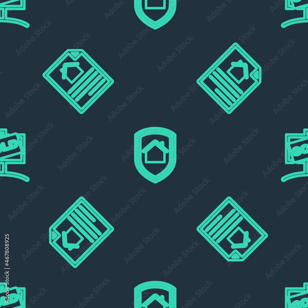 Set line House under protection, contract and Hanging sign with Sold on seamless pattern. Vector Set line House under protection, contract and Hanging sign with Sold on seamless pattern. Vector