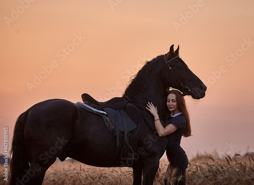 A girl next to a friesian horse at sunset in a field
