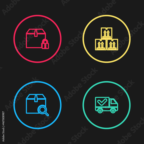 Set line Search package, Delivery truck with check mark, Cardboard box traffic and Locked icon. Vector