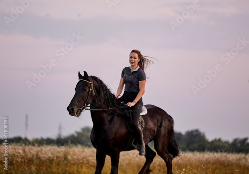 Girl riding a friesian horse in a field at sunset © Елизавета Мяловская