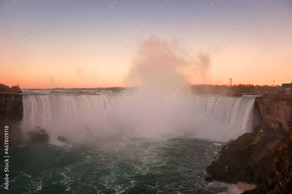Sunset view of the Niagara Horseshoe Falls bowl. Horseshoe Falls, also known as Canadian Falls, is the largest of the three waterfalls that collectively form Niagara Falls on the Niagara River along