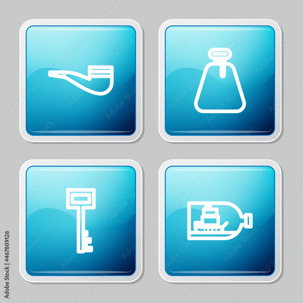 Set line Smoking pipe, Pirate sack, key and Bottle with ship inside icon. Vector