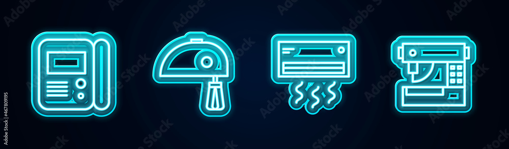 Set line House intercom system, Electric mixer, Air conditioner and Sewing machine. Glowing neon icon. Vector Set line House intercom system, Electric mixer, Air conditioner and Sewing machine. Glowing neon icon. Vector