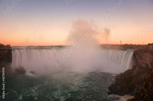 Sunset view of the Niagara Horseshoe Falls bowl. Horseshoe Falls  also known as Canadian Falls  is the largest of the three waterfalls that collectively form Niagara Falls on the Niagara River along