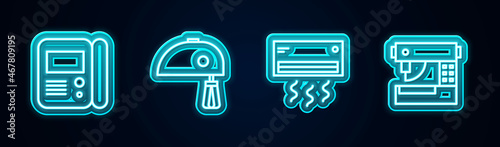 Set line House intercom system, Electric mixer, Air conditioner and Sewing machine. Glowing neon icon. Vector