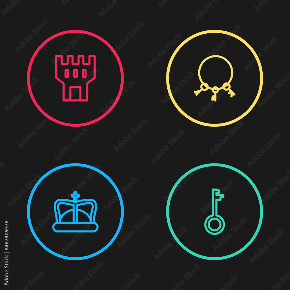 Set line King crown, Old key, keys and Castle tower icon. Vector Set line King crown, Old key, keys and Castle tower icon. Vector