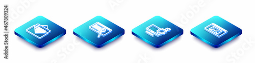 Set Isometric line Envelope, System bug concept, Computer monitor service and Mail and e-mail icon. Vector