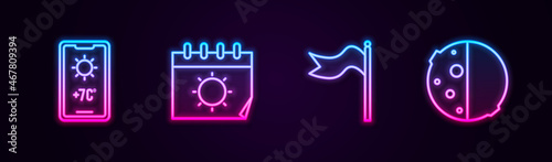 Set line Weather forecast, Calendar and sun, Meteorology windsock wind vane and Eclipse of. Glowing neon icon. Vector