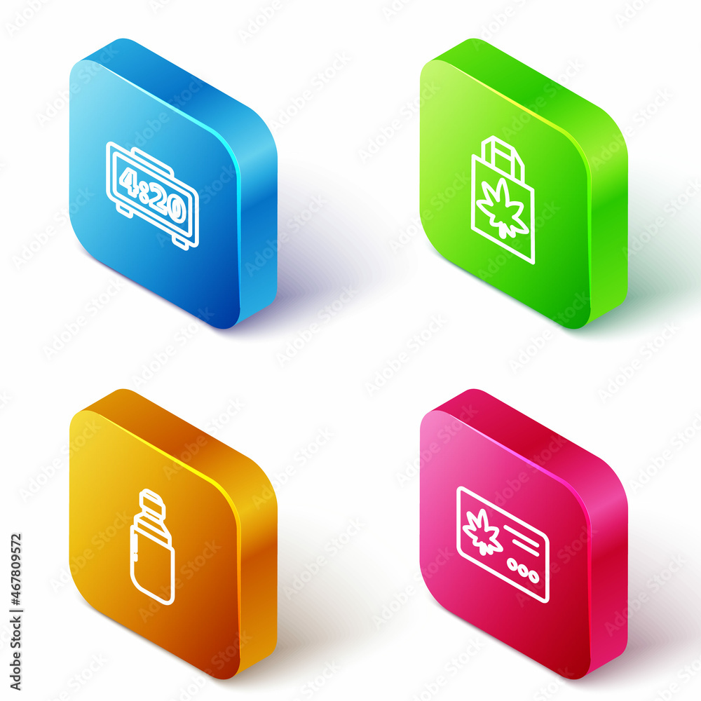 Set Isometric line Digital alarm clock, Shopping paper bag of marijuana, Marijuana or cannabis olive oil and Calendar and leaf icon. Vector Set Isometric line Digital alarm clock, Shopping paper bag of marijuana, Marijuana or cannabis olive oil and Calendar and leaf icon. Vector