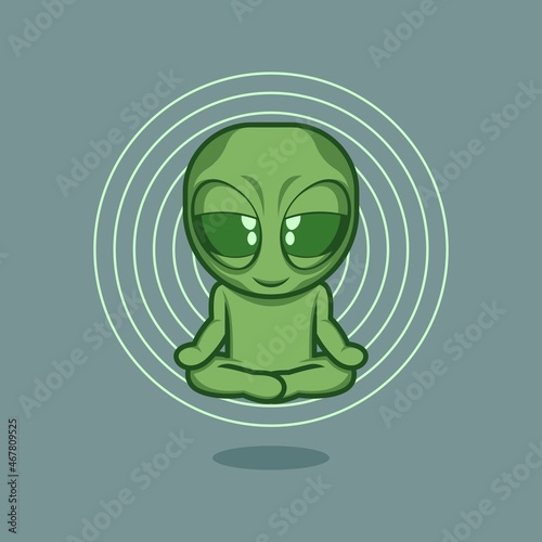 cute cartoon alien character meditating in yoga style. vector illustration for mascot logo or sticker
