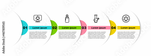 Set line Location and cannabis, Marijuana or olive oil, Glass bong for smoking marijuana and leaf. Business infographic template. Vector
