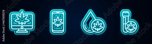 Set line Monitor and marijuana or cannabis, Mobile, Marijuana olive oil and Chemical test tube with. Glowing neon icon. Vector