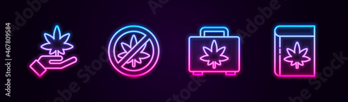 Set line Marijuana or cannabis leaf, Stop marijuana, Shopping box of and Book and. Glowing neon icon. Vector