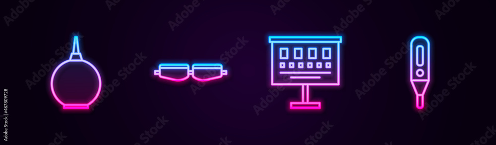 Set line Enema, Safety goggle glasses, Eye test chart and Medical digital thermometer. Glowing neon icon. Vector Set line Enema, Safety goggle glasses, Eye test chart and Medical digital thermometer. Glowing neon icon. Vector