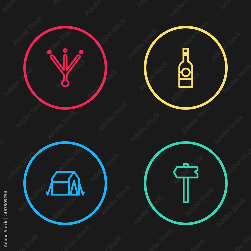 Set line Tourist tent, Road traffic sign, Bottle of vodka and Bird footprint icon. Vector