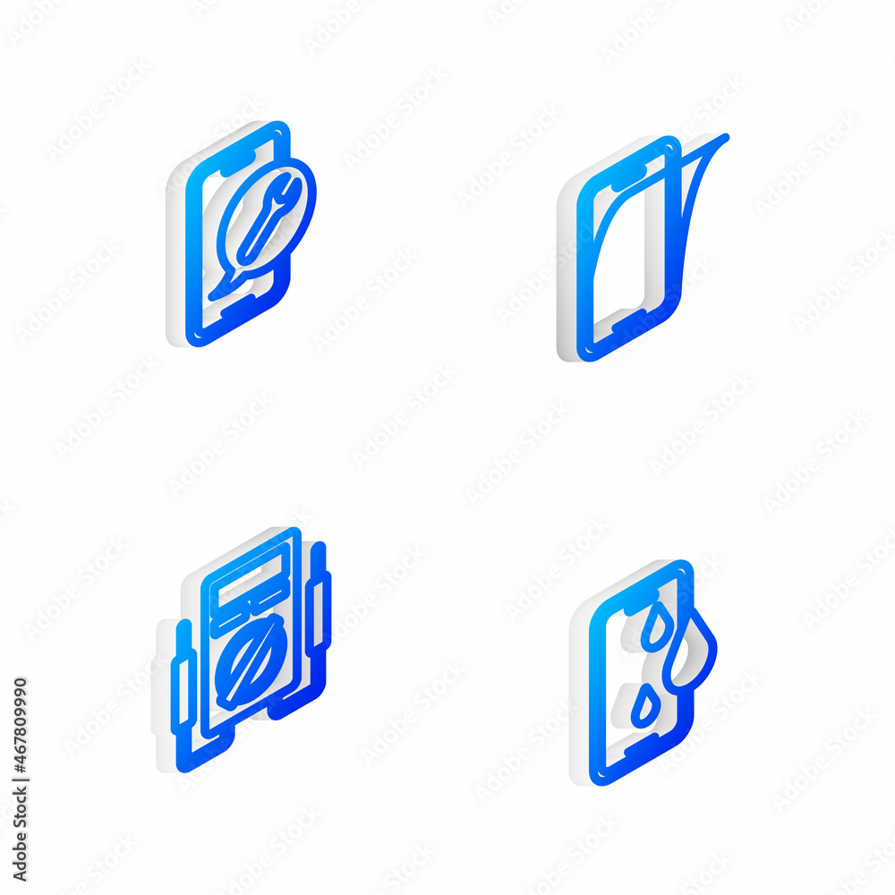 Set Isometric line Glass screen protector, Mobile service, Multimeter and Waterproof phone icon. Vector Set Isometric line Glass screen protector, Mobile service, Multimeter and Waterproof phone icon. Vector
