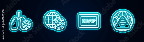 Set line Virus cells in lung, Earth globe with virus, Bar of soap and medical mask. Glowing neon icon. Vector