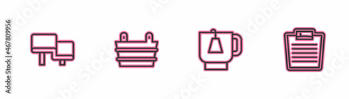 Set line Sauna wood bench, Cup of tea with tea bag, bucket and Bathroom scales icon. Vector
