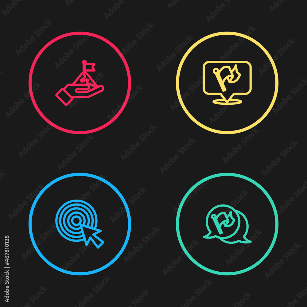 Set line Target with arrow, Flag, and Mountains flag icon. Vector Set line Target with arrow, Flag, and Mountains flag icon. Vector