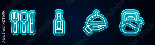 Set line Fork, spoon and knife, Wine bottle, Covered with tray of food and Kettle handle. Glowing neon icon. Vector
