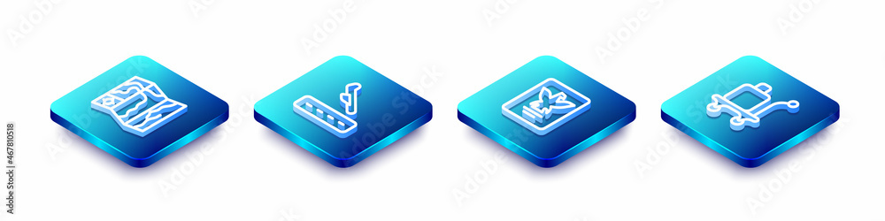 Set Isometric line World travel map, Plane landing, Passport and Trolley baggage icon. Vector Set Isometric line World travel map, Plane landing, Passport and Trolley baggage icon. Vector