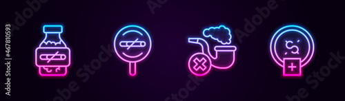 Set line Nicotine gum in blister pack, No smoking, Smoking pipe with smoke and Stop money saving. Glowing neon icon. Vector