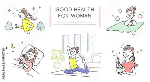 ベクターイラスト素材：健康的な毎日を過ごす若い女性
