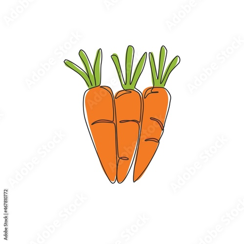 One single line drawing whole healthy organic carrots pile for farm logo identity. Fresh biennial plant concept for root vegetable icon. Modern continuous line draw design graphic vector illustration