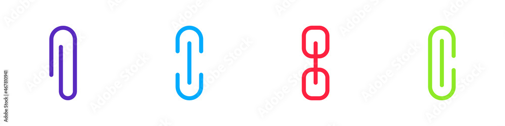 Conjunto de icono de clip. Botón de archivo adjunto. Concepto de archivador de documentos. Ilustración vectorial, estilos colores Conjunto de icono de clip. Botón de archivo adjunto. Concepto de archivador de documentos. Ilustración vectorial, estilos colores