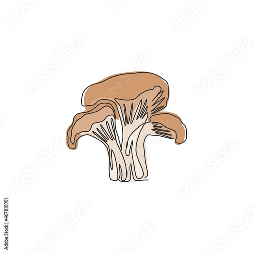 One continuous line drawing of whole healthy organic mushrooms for farm logo identity. Fresh toadstool concept for vegetable icon. Modern single graphic line draw design vector illustration