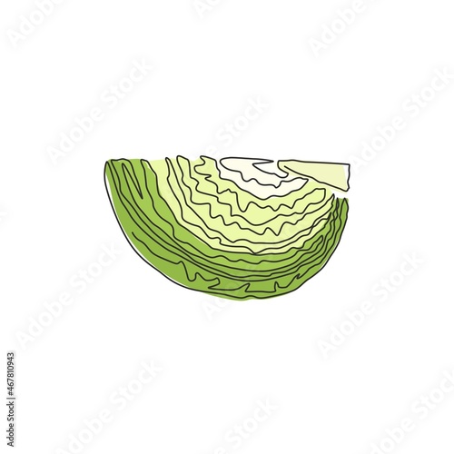 One single line drawing cut sliced healthy organic headed cabbage for farm logo identity. Fresh biennial plant concept vegetable icon. Modern continuous line draw design graphic vector illustration