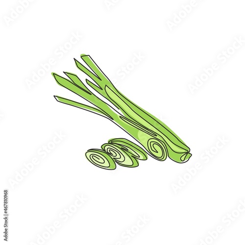 One continuous line drawing of whole and sliced healthy organic lemongrass for farm logo identity. Fresh cymbopogon concept for grass vegetable icon. Modern single line draw design vector illustration