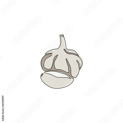 One single line drawing of whole healthy organic garlic for farm logo identity. Fresh food seasoning concept for vegetable icon. Modern continuous line draw design graphic vector illustration