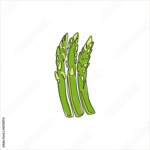 Single continuous line drawing of whole healthy organic asparagus for plantation logo identity. Fresh perennial flowering plant concept for veggie icon. Modern one line draw design vector illustration