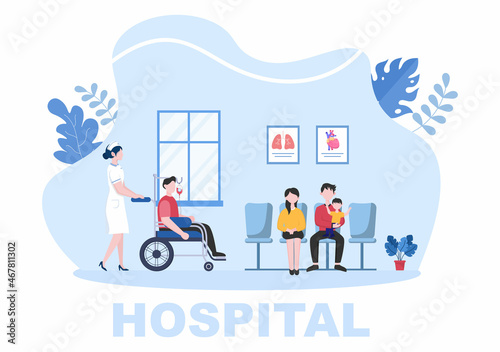 Hospital Building for Healthcare Background Vector Illustration with, Ambulance Car, Doctor, Patient, Nurses and Medical Clinic Exterior