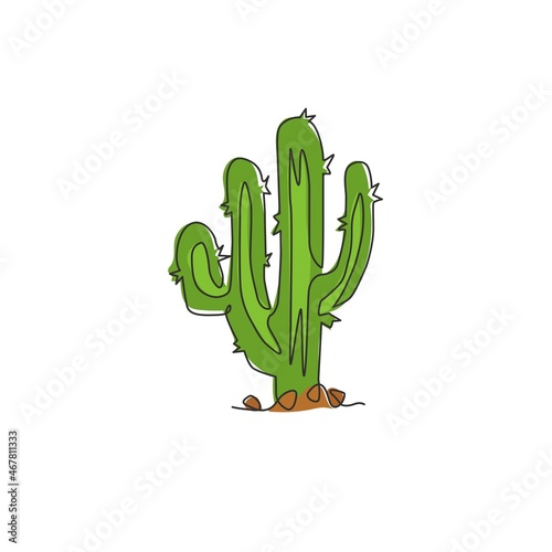 One continuous line drawing of tropical thorny cactus plant. Printable decorative cacti houseplant concept for home decor wallpaper ornament. Modern single line graphic draw design vector illustration
