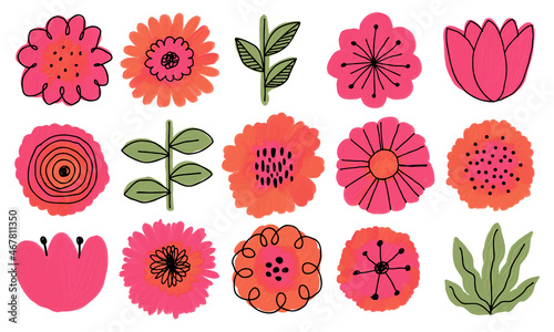 北欧風のかわいいお花の水彩ベクターイラスト 赤色