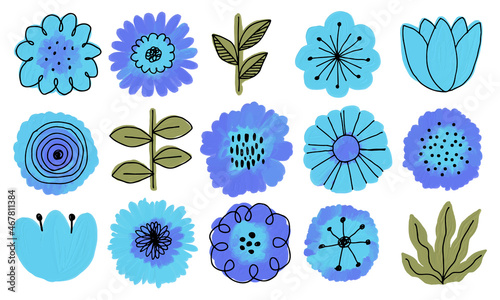 北欧風のかわいいお花の水彩ベクターイラスト 青色