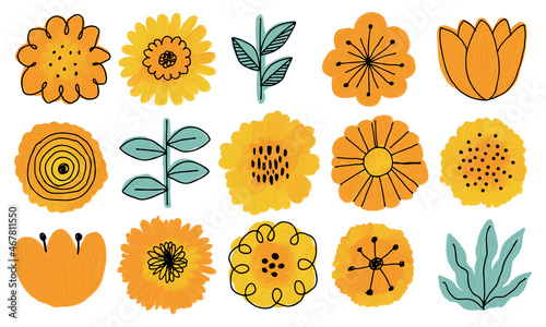 北欧風のかわいいお花の水彩ベクターイラスト オレンジ色