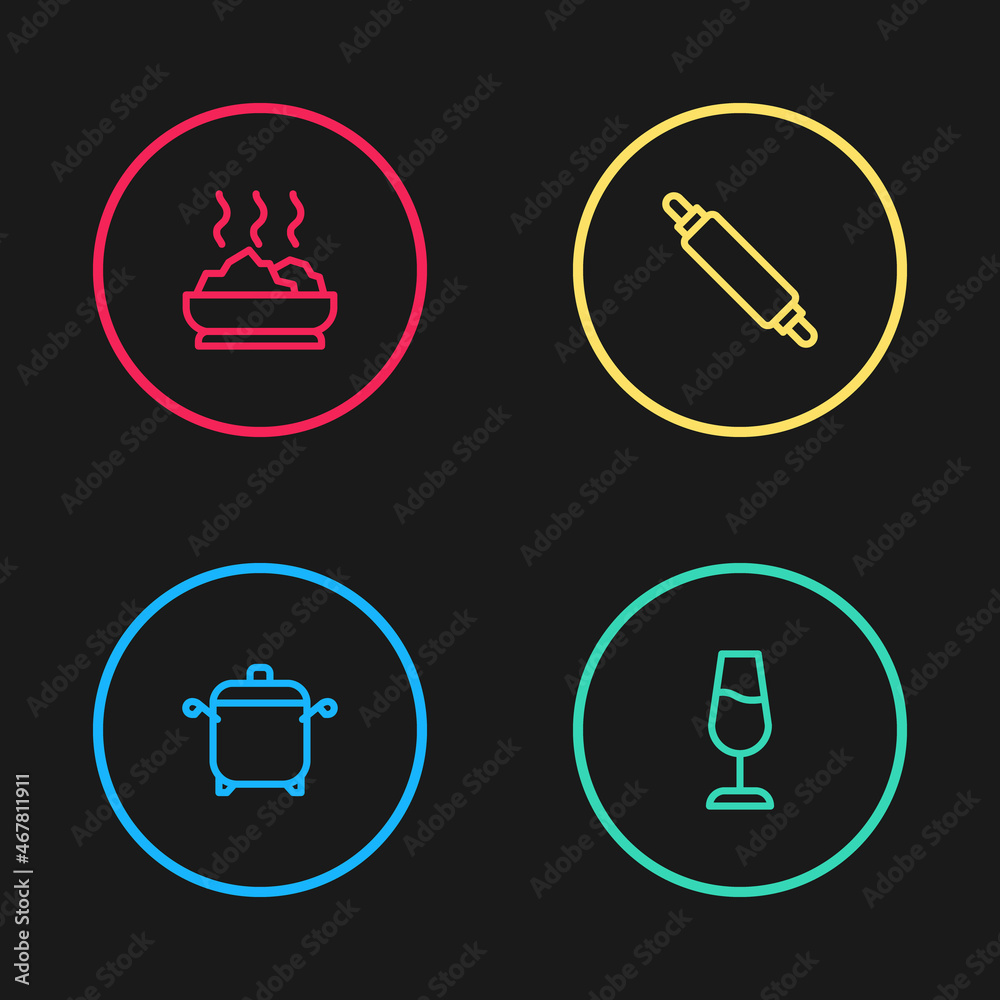Set line Cooking pot, Wine glass, Rolling pin and Bowl of hot soup icon. Vector Set line Cooking pot, Wine glass, Rolling pin and Bowl of hot soup icon. Vector