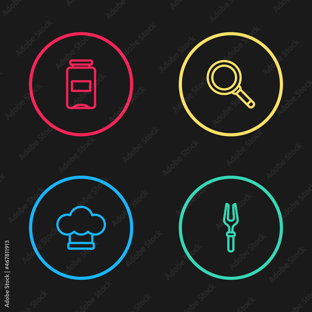 Set line Chef hat, Barbecue fork, Frying pan and Jam jar icon. Vector Set line Chef hat, Barbecue fork, Frying pan and Jam jar icon. Vector
