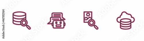 Set line Server, Photo retouching, Chat bot and Cloud database icon. Vector