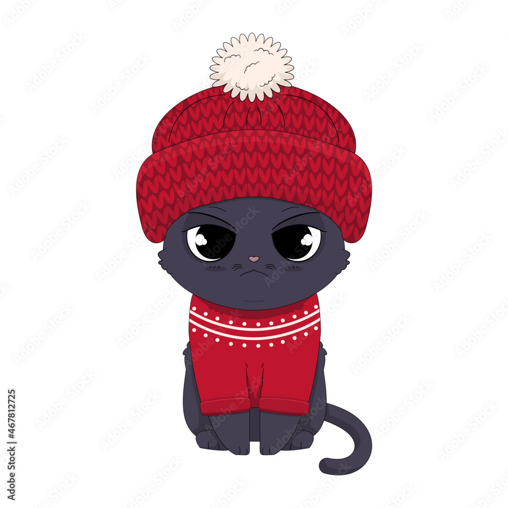 Ręcznie rysowany uroczy mały kotek w wełnianej czapce z pomponem i czerwonym sweterku. Wektorowa ilustracja siedzącego kota. Kot w ciepłym ubraniu gotowy na zimę i śnieg. - obrazy, fototapety, plakaty 