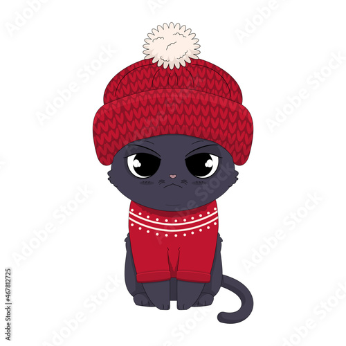 Ręcznie rysowany uroczy mały kotek w wełnianej czapce z pomponem i czerwonym sweterku. Wektorowa ilustracja siedzącego kota. Kot w ciepłym ubraniu gotowy na zimę i śnieg.